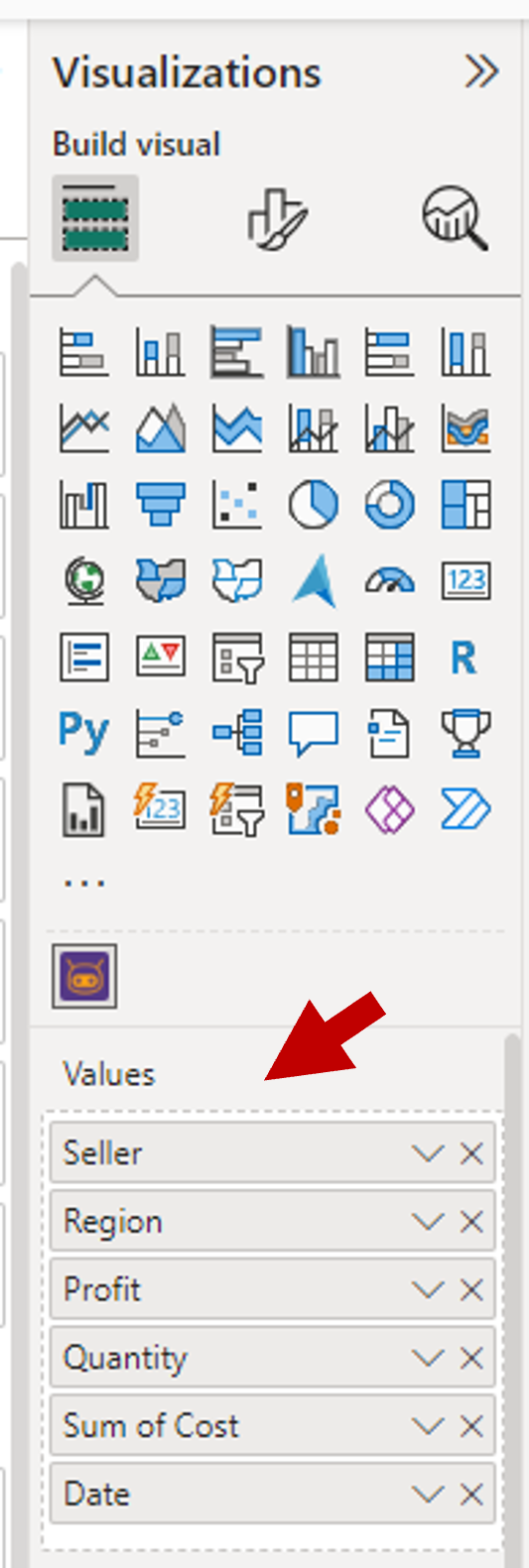 Screenshot of the Power BI Visualizations pane, which shows the columns and measures dragged into the visual.