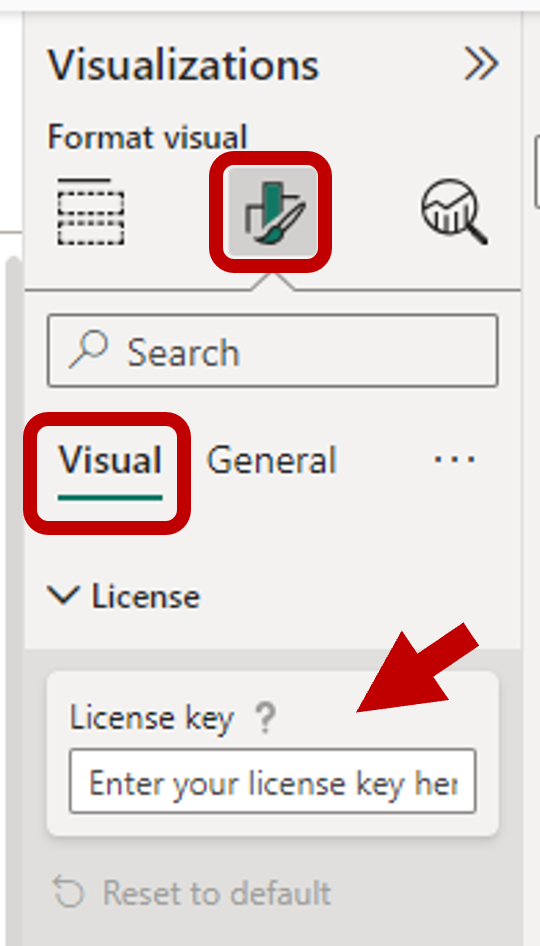 Screenshot of the Power BI Visualizations pane, which shows the license key section.