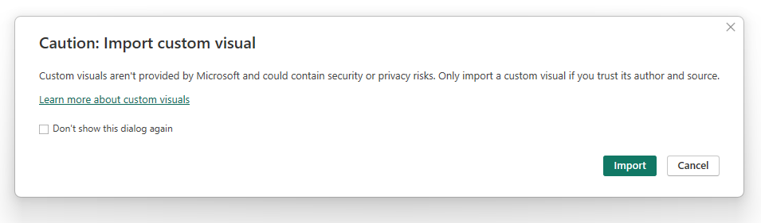 Screenshot of the Power BI caution: import custom visual dialog box.