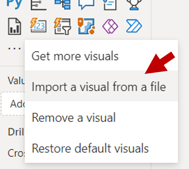 Screenshot of the Power BI Visualizations Pane, which shows the Import a visual from a file option is highlighted.