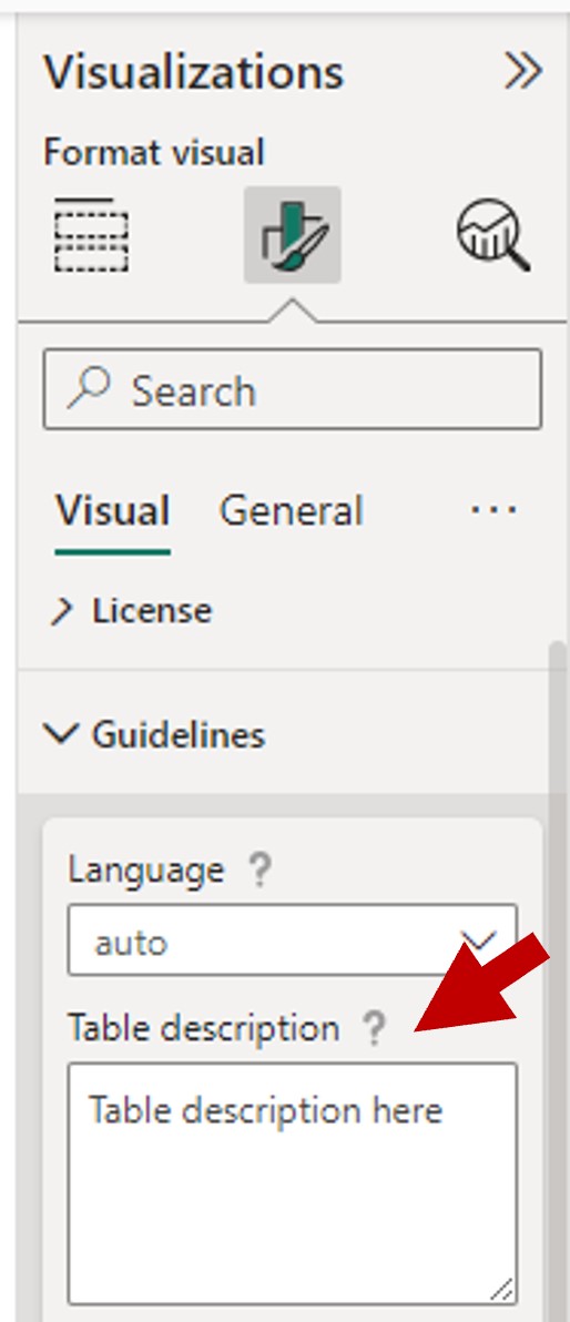 Screenshot of the Power BI Visualizations pane, which shows the Guidelines section.