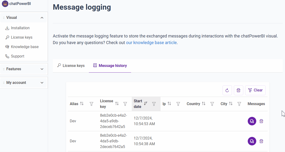 Deleting all messages visible on the page - chatPowerBI