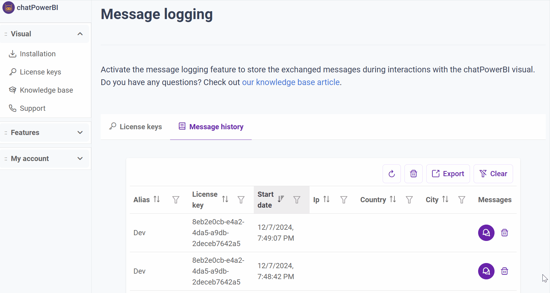 Deleting a message - chatPowerBI