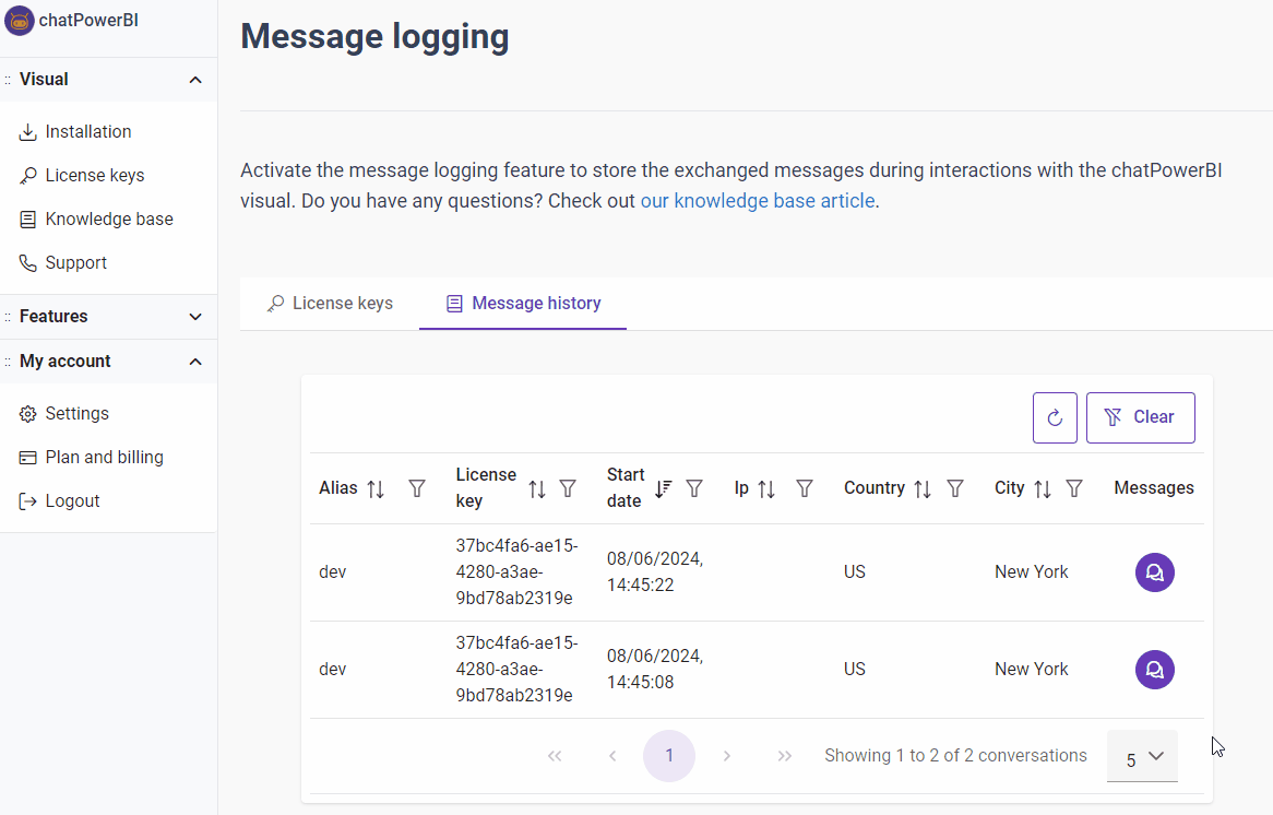 Viewing message history- chatPowerBI